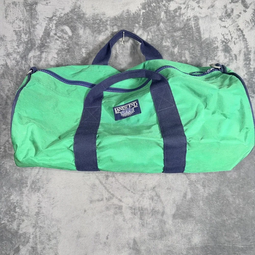 Lands End Duffel Bag Travel Gym Green Navy Lightweight Nylon Vintage Unisex